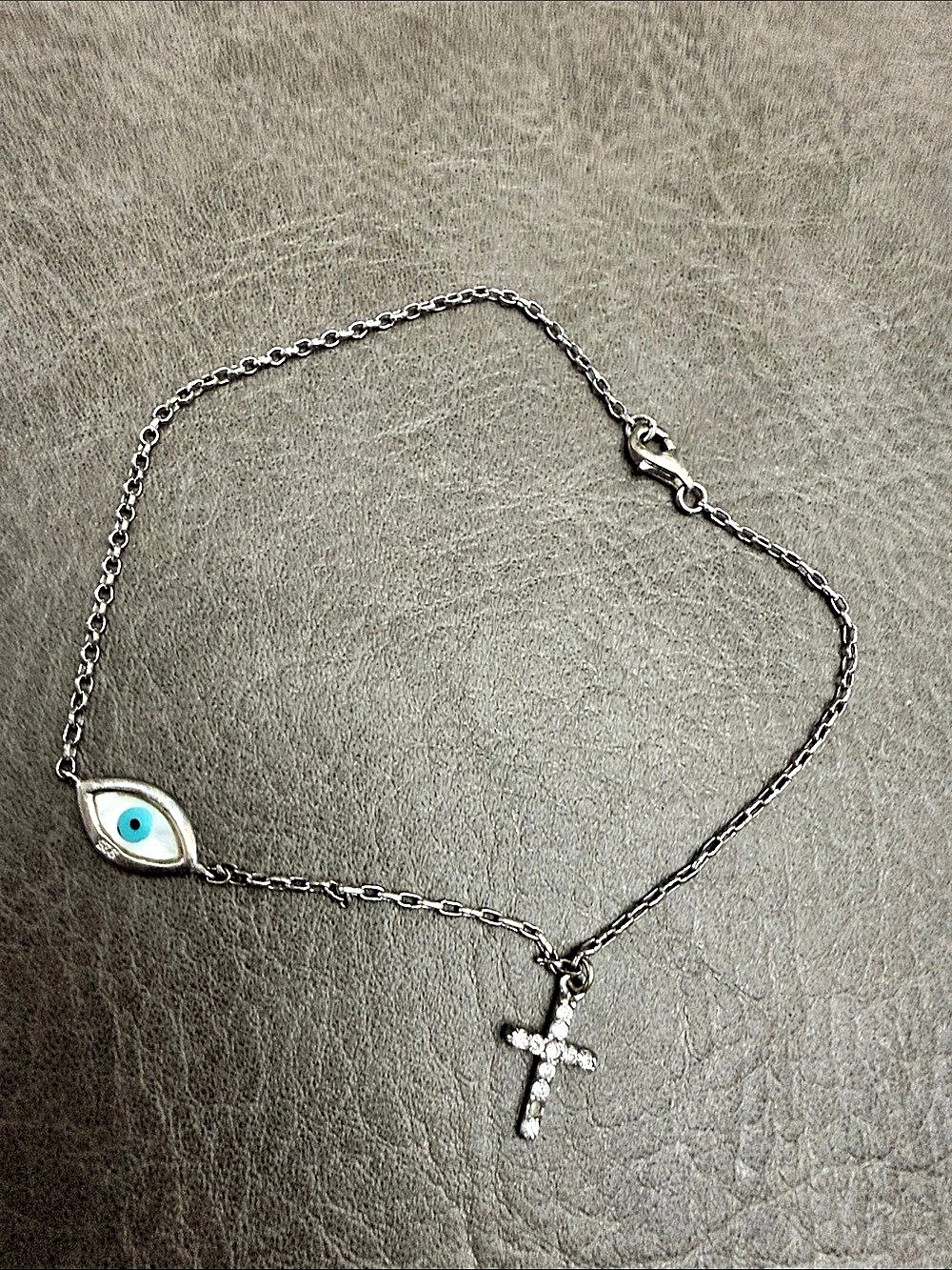 Evil Eye Cross Pendant anklet in 925 sterling Silver & Blue